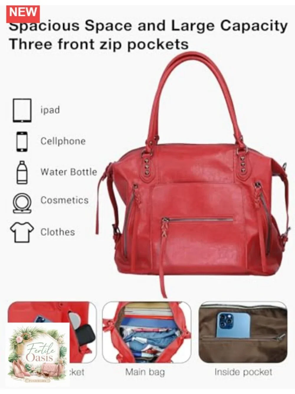 Women's Vegan Leather Hobo Tote Bag with Zipper, Adjustable Strap, Large